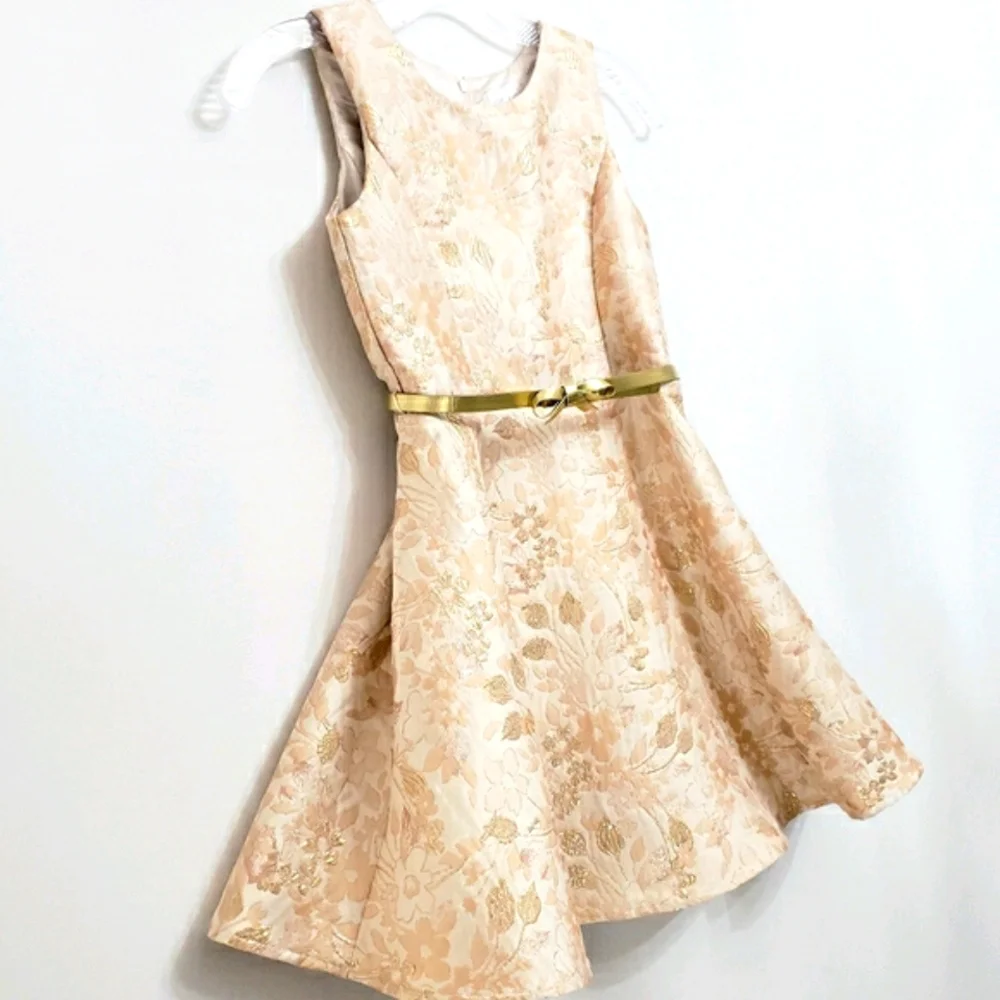 Place Peach/Gold Jacquard Floral Party Dress